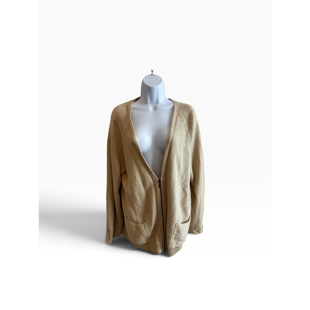 J. Jill Zip Up Cardigan L Tan Waffle Knit Casual Coastal Grandma Sweater